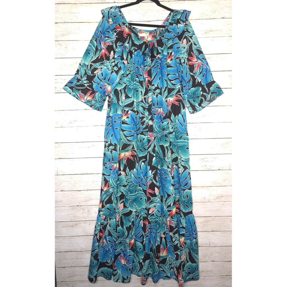 Vintage Hilo Hattie Hawaiian Maxi Dress XL Blue Tropical Leaf Bird Paradise Mumu